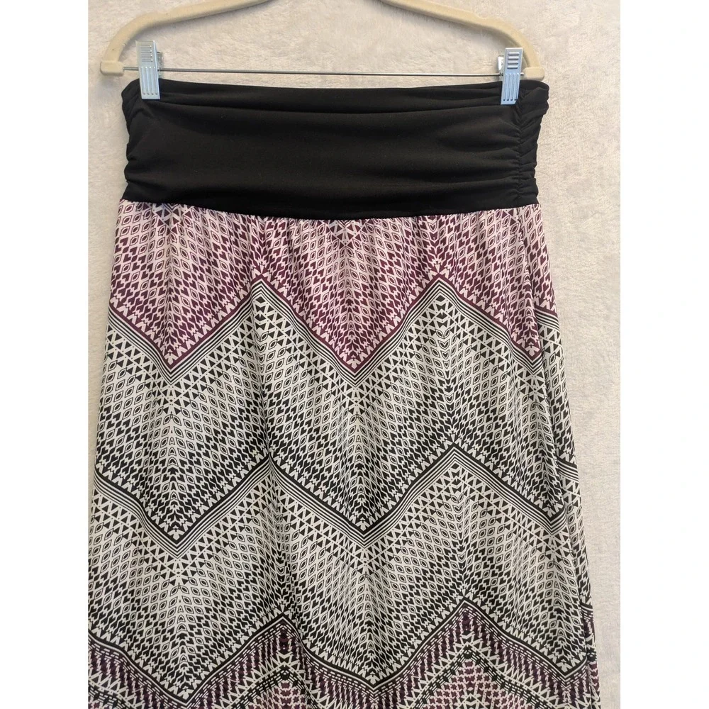 AB Studio Women Maxi Skirt Geometric Print‎ Black Pink White XL Elastic Waist
